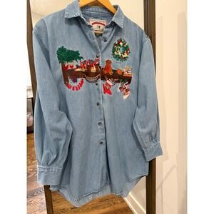 VTG Red Ridge Mountain Denim Long Sleeve Button Down Shirt Christmas Embroidery